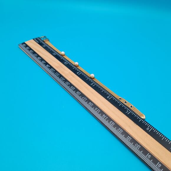 Vintage Mesh Faux Pearl Bracelet, Belt Style Buckle, Mid-Century Jewelry - Picture 5 of 14